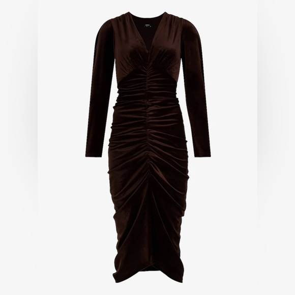 Express Velvet V-Neck Ruched Midi Sheath Dress - Picture 4 of 6